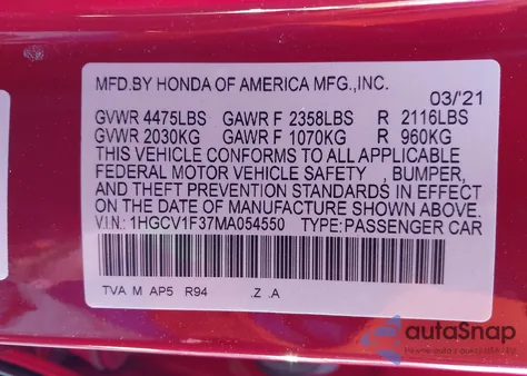 2021 Honda Accord Sport z USA, uszkodzony, nr VIN 1HGCV1F37MA054550